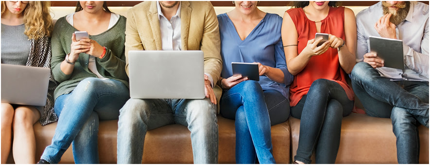 Hotel guests looking at the hotel's Facebook page on different devices