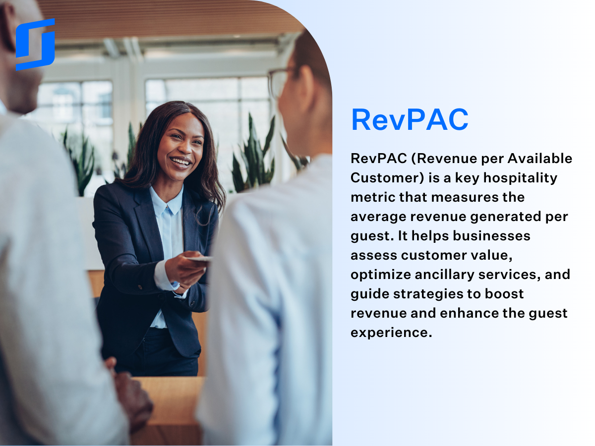 Smiling hotel receptionist speaking with customers, and a definition of RevPAC.